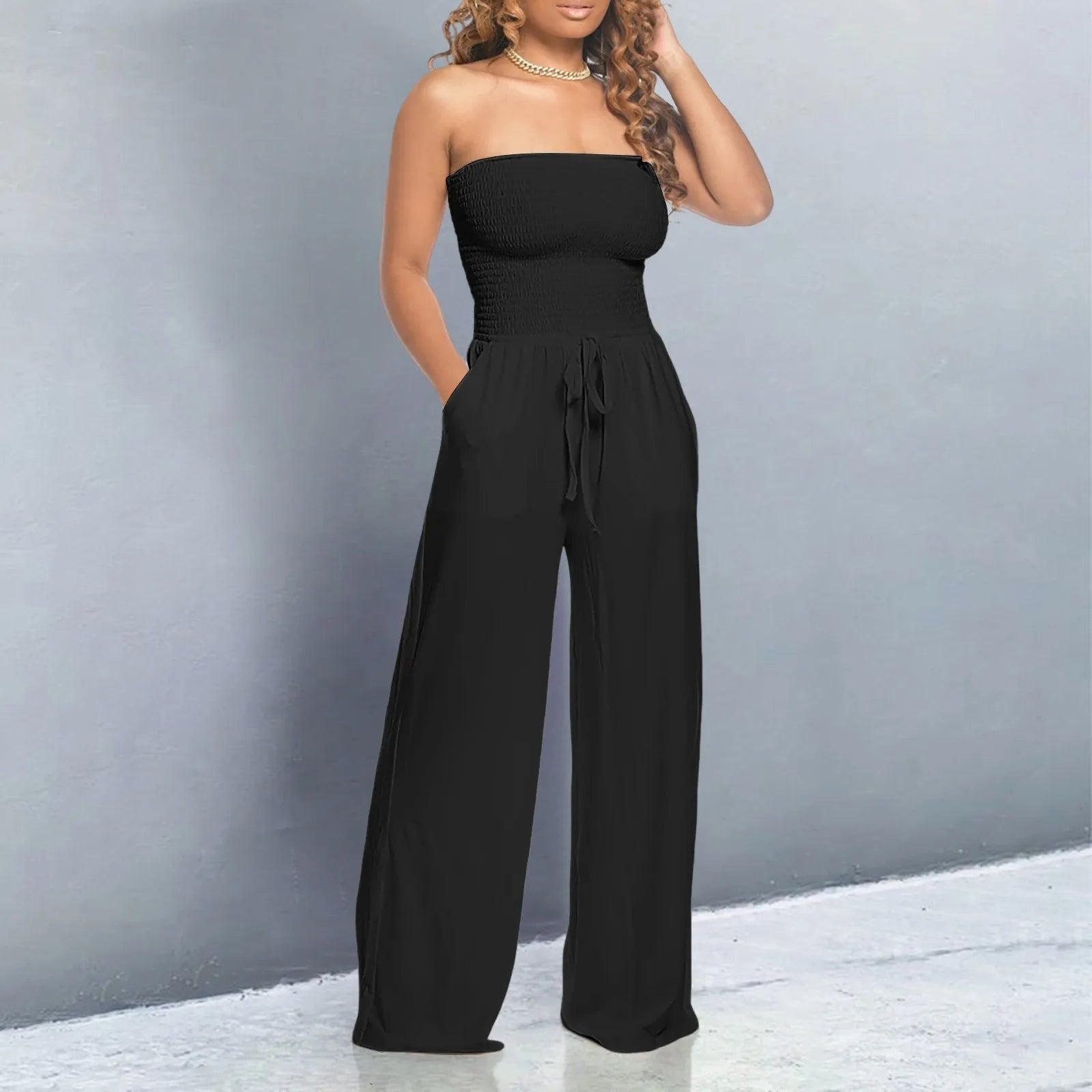 Women’s Strapless Wide‑Leg Jumpsuit with Lace‑Up Front - 3KDyn